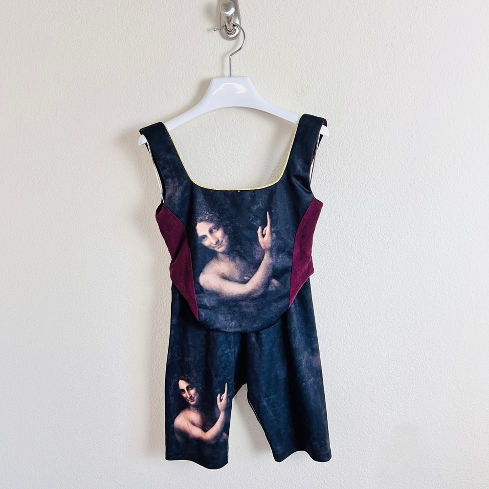Dolls Kill Velvet Maroon Renaissance Angel Painting Corset & Biker Short Set